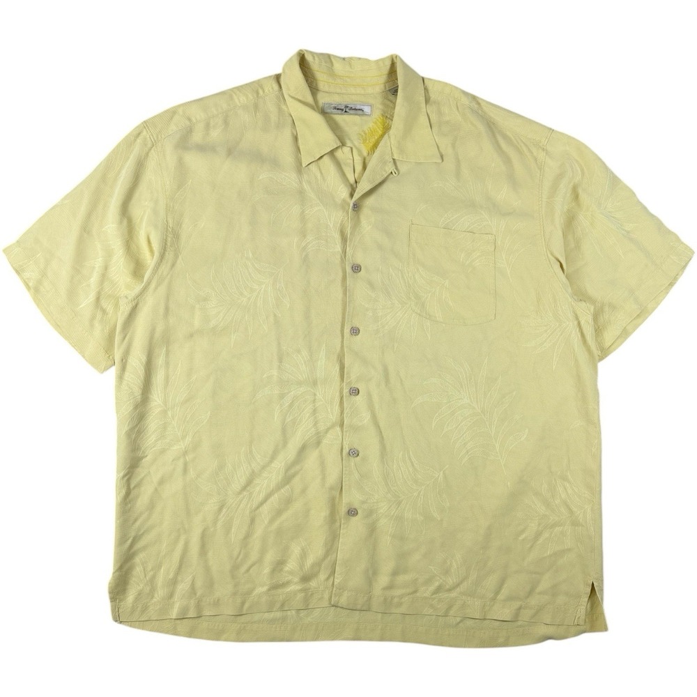 Tommy Bahama 100% Silk Camp Shirt Yellow Tropical Jacquard Button Up XXL Hawaian